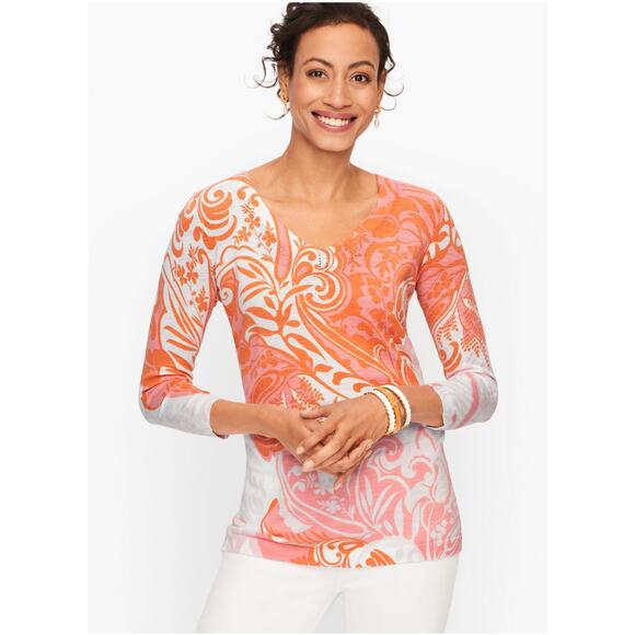 Talbots Paisley Slub Cotton V-Neck Floral Sweater Size Large - Picture 1 of 6